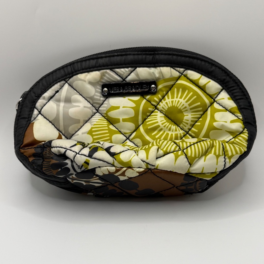 Vera Bradley Quilted Cosmetic Pouch Lime Green Brown Black Abstract Floral Bag
